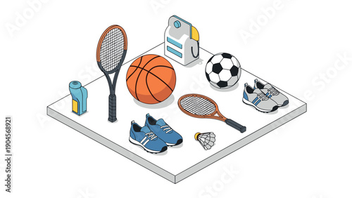 Sports equipment collection in isometric style featuring tennis, basketball, soccer, and more