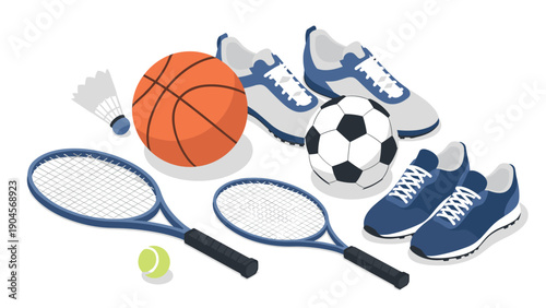 Isometric sports equipment set featuring tennis, soccer, basketball, and badminton gear