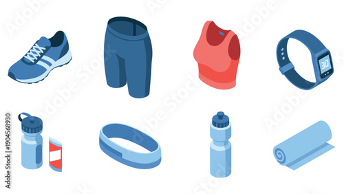 Essential fitness gear in isometric style: shoes, apparel, and accessories for an active lifestyle