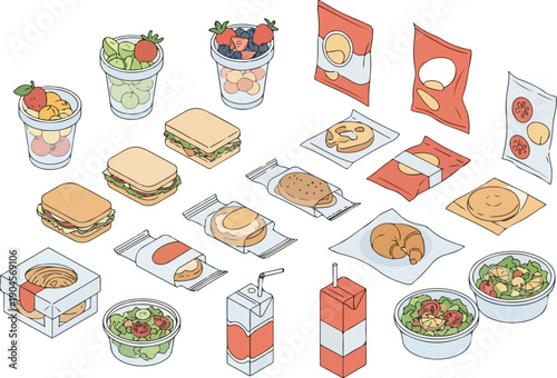 A collection of pre-packaged food items and meals, including sandwiches, salads, fruits, snacks, and drinks, ideal for convenience and on-the-go consumption
