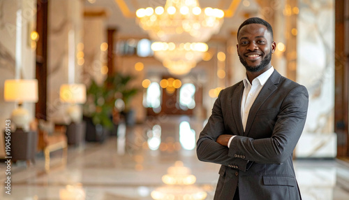 Professional, confident business consultant standing in luxurious hotel lobby with marble floor, elegant chandelier lighting, and modern decor, smiling warmly, formal attire