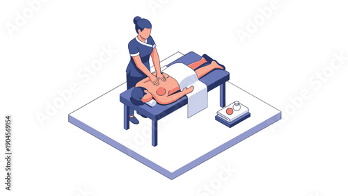Isometric spa treatment scene with massage therapist in minimalist design