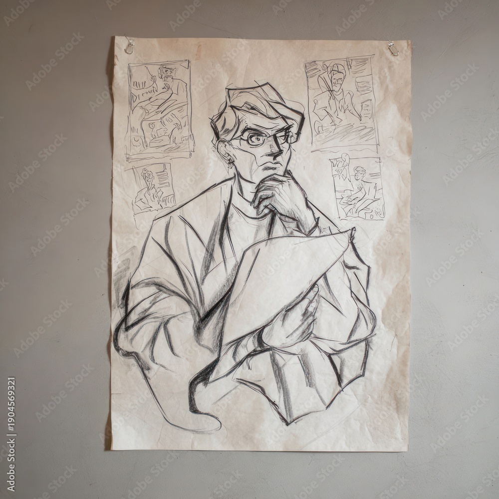Obraz premium Charcoal sketch on aged paper, a thoughtful figure with drawings in the background