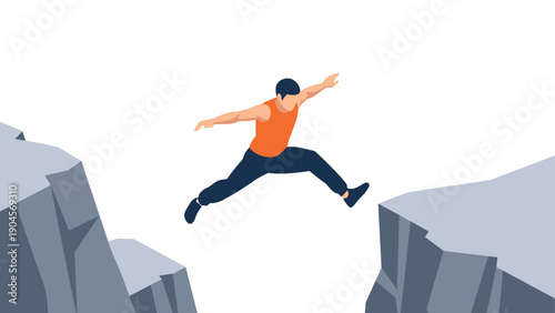 Dynamic flat art: man leaping across a canyon in adventure concept design
