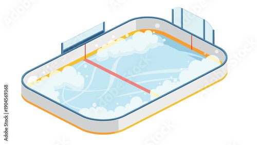 Isometric ice hockey rink with glass panels and red line markings