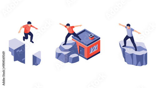 Dynamic urban adventure: men jumping on city rooftops and rocks in isometric design