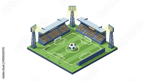 Isometric soccer stadium with football field and stadium lights