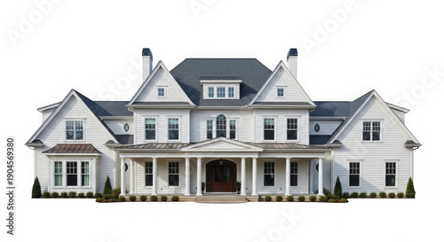 Large white victorian house with gray roof and columns isolated on transparent background