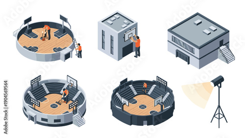 Isometric basketball arena designs and activities set