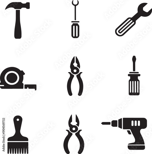 Collection of black silhouette representing various hand tools and a power drill