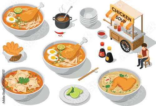 A vibrant collection of delicious Asian noodle soups and street food illustrations, perfect for culinary themes