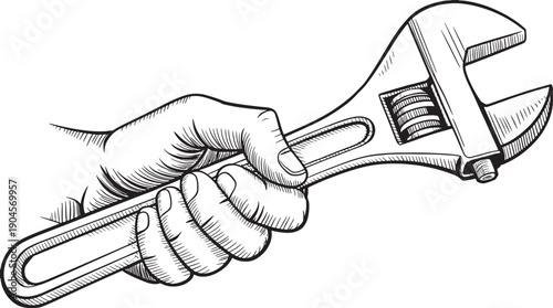 Hand holding adjustable wrench tool in style mechanical