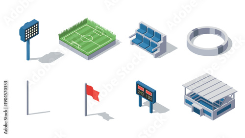Isometric soccer stadium elements: field, scoreboard, stands, and arena
