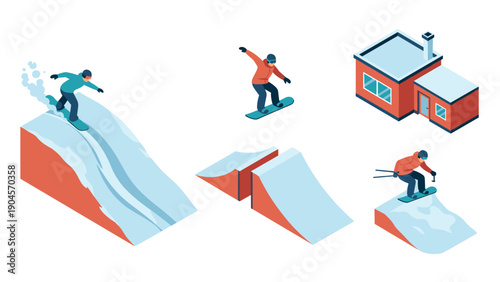 Winter sports scene with snowboarders and skiers in isometric style