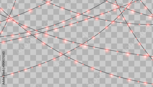 Red LED garlands with black wires tangled on a light checkered background. Festive and vibrant decoration.