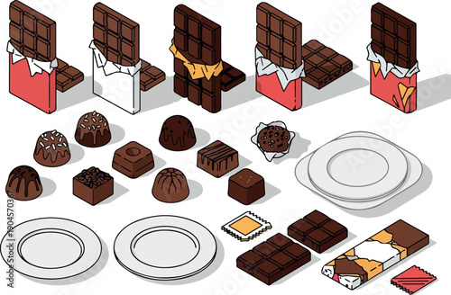 Assortment of delicious chocolate bars and pralines displayed on white plates, perfect for sweet cravings and confectionery art