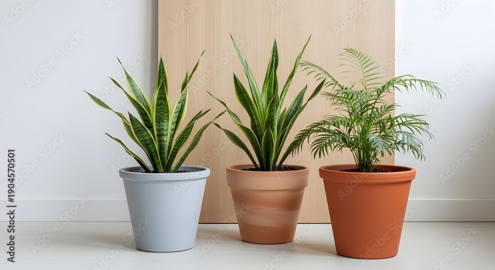 Fototapeta premium Three potted plants on a white floor
