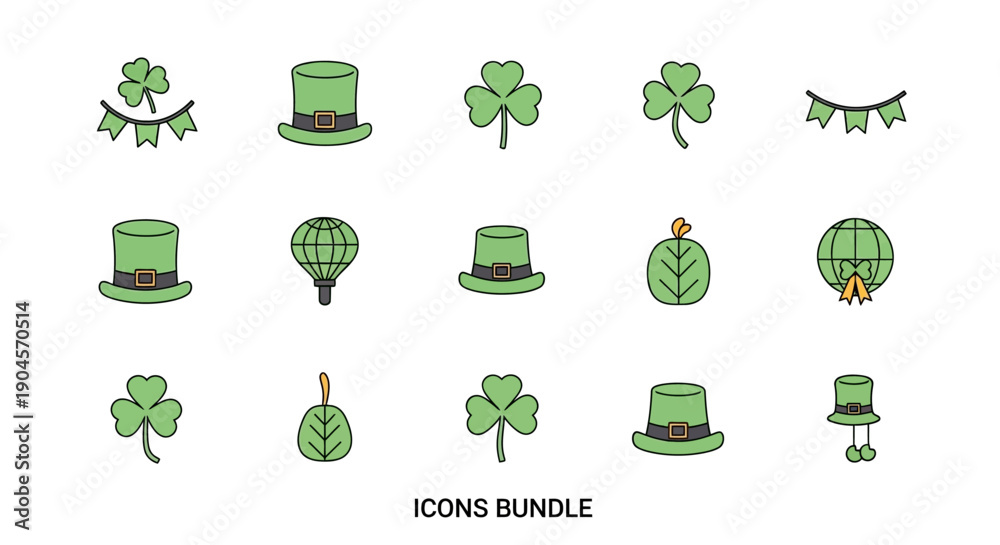Fototapeta premium Collection of Green St Patricks Day Icons.