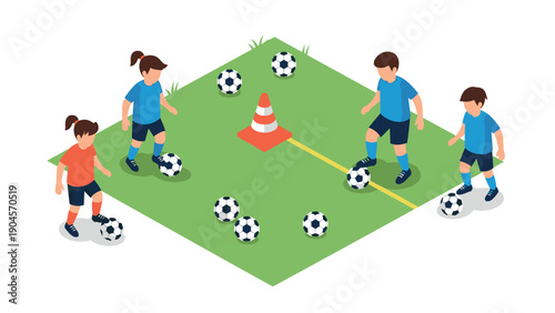 Children playing soccer on field with cones and balls in isometric style