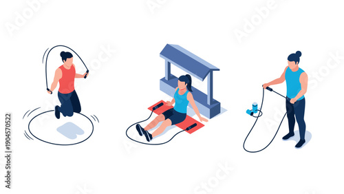 Isometric fitness routine: jumping rope, stretching, workout equipment