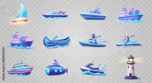 Collection of various cartoon water vehicles including boats, ships, yachts, canoes, kayaks, submarines, and a lighthouse on a transparent background.