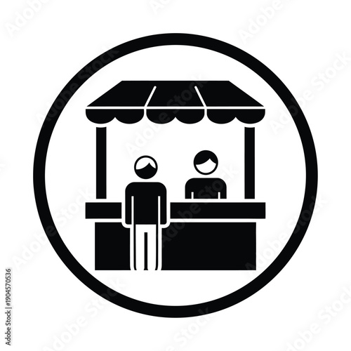 Black and white illustration of two people standing at a market stall or food cart with awning