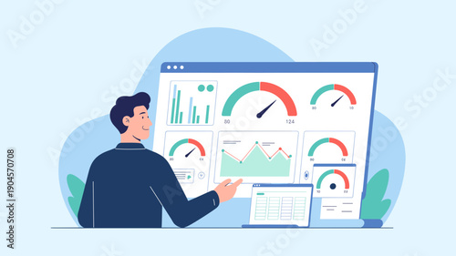 A manager monitoring risk levels on a digital dashboard with gauges and charts, business risk analytics and performance monitoring concept