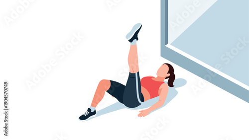 Woman exercising in gym: flat isometric design of fitness routine