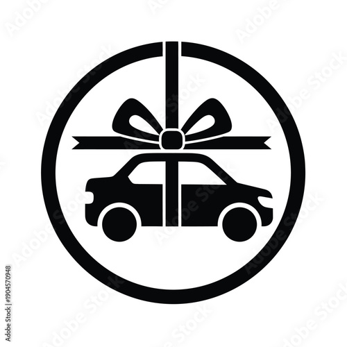 Black and white icon of a car wrapped in a gift with a bow inside a circle