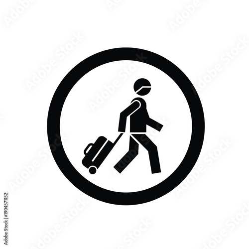 Black silhouette of a person pulling a suitcase in a circle