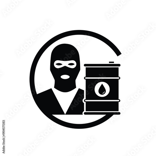 Black silhouette of a masked thief with a barrel of oil in a circular frame