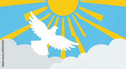 White dove flying above soft white clouds towards bright yellow sun rays in blue sky representing peace freedom and holy spirit for religious spiritual faith concept.