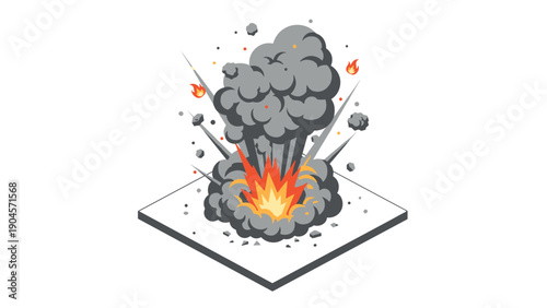 Dynamic isometric explosion with smoke and debris effect on white background