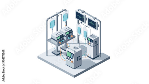 Futuristic medical equipment in an isometric hospital room with monitors and iv stands