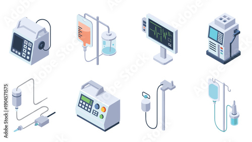 Isometric medical equipment icons: infusion pumps and monitors