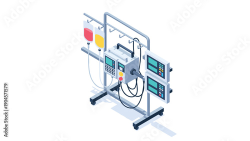 Modern isometric medical infusion pump with display panels and fluid bags for healthcare technology