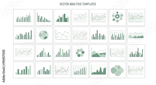 Collection of green vector analysis templates with various charts and graphs on a white background