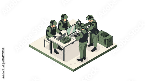 Team of soldiers analyzing data on laptops in isometric view