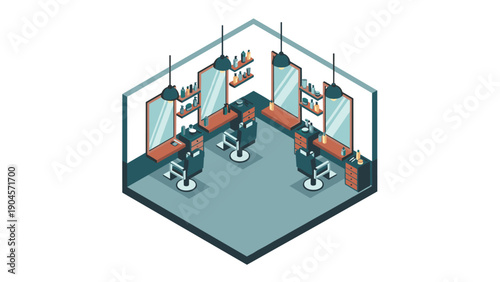 Modern isometric barber shop interior with chairs and mirrors in hexagonal layout