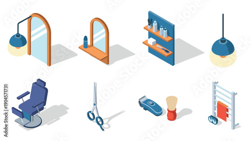 Modern barber shop tools and decor in isometric style