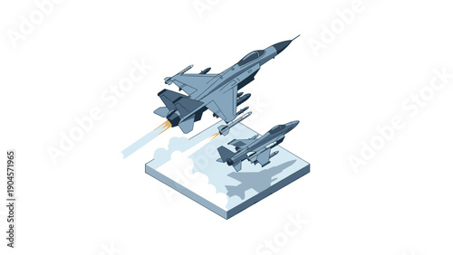 Modern fighter jets taking flight in isometric style