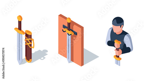 Isometric medieval weapons and armor concept with swords and soldier
