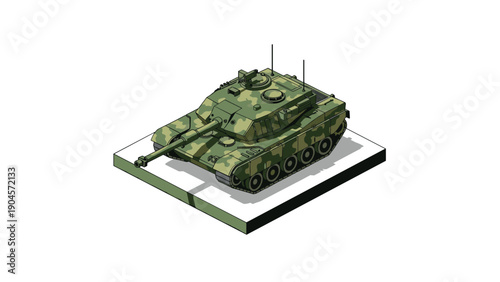 Camouflage military tank in isometric style showcasing detailed design and modern warfare technology
