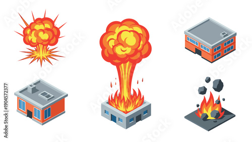 Isometric explosion concepts with buildings and burning effects in cartoon style
