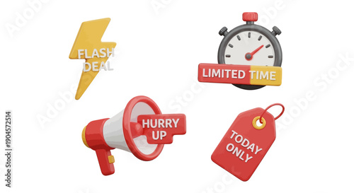 Urgency icons set with megaphone, clock, sale tag, and lightning bolt on transparent background
