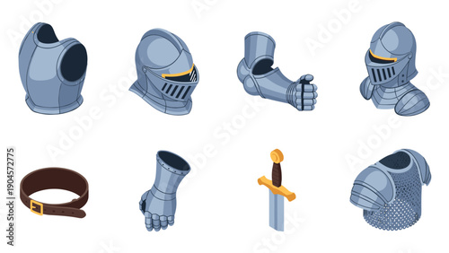 Medieval knight armor set with detailed metal components on white background