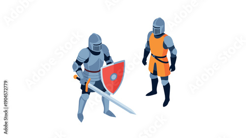 Medieval knights in armor engaging in a conversation on white background