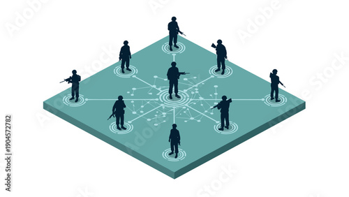 Connected soldiers in digital network matrix on isometric platform