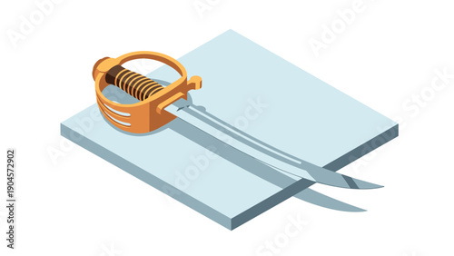 Isometric curved sword on geometric block for historical and fantasy design