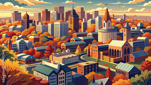 Very beautiful aerial view of downtown New Haven in autumn, where warm seasonal colors enhance the structured urban landscape shaped by academic tradition.